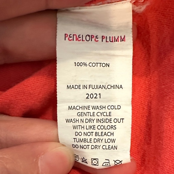 Penelope Plumm Coral Dress with Striped Sleeves and Cats - Picture 4 of 5